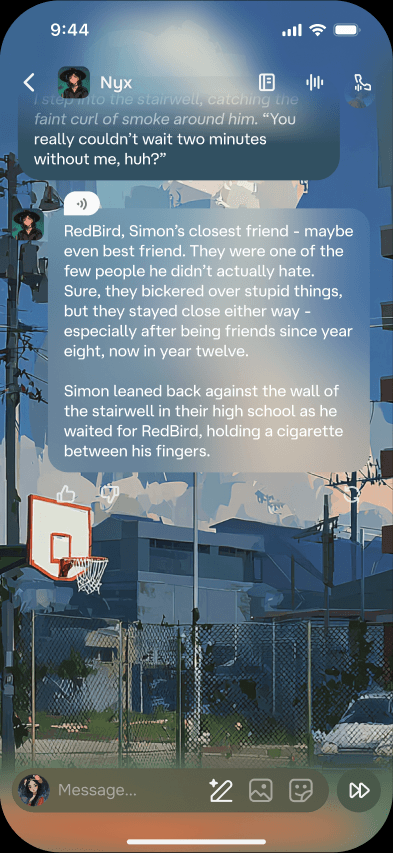 The overhauled chat: translucent bubbles over a full-screen illustrated wallpaper, with voice and reaction controls.