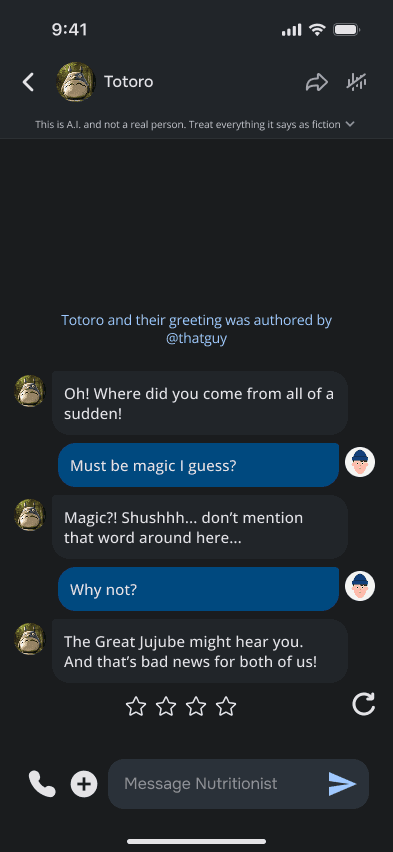 The legacy chat: plain dark bubbles, star ratings under the last reply and a basic message bar.